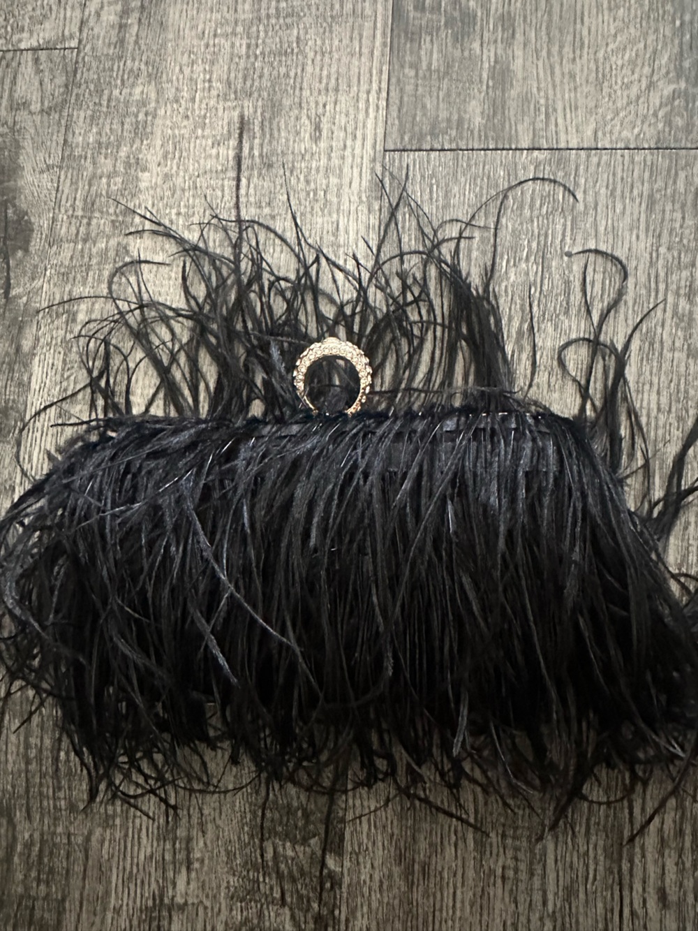 Elegant Black Feather Clutch with Crystal Ring
